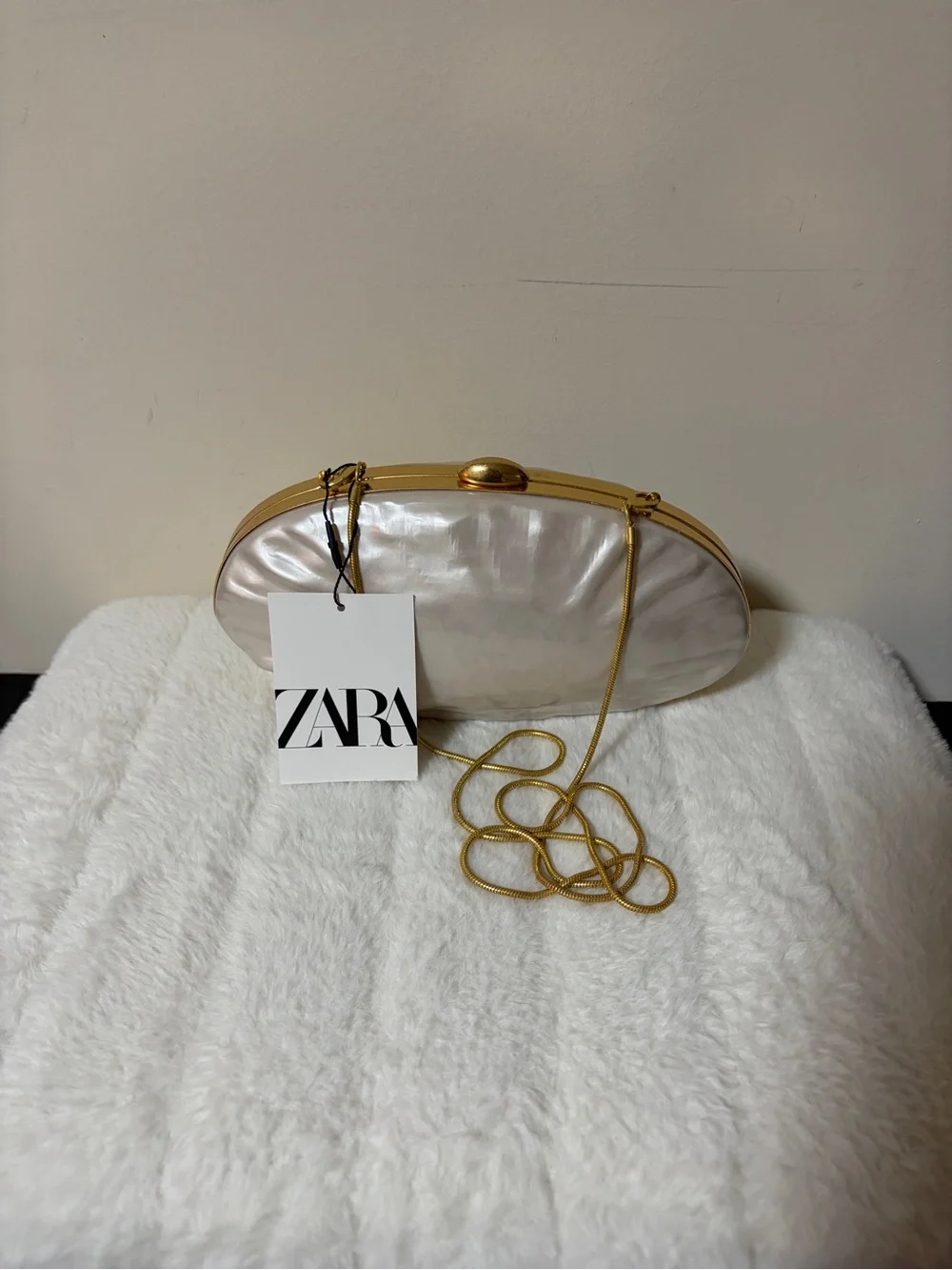Zara Pearl-Effect White Clutch with Gold Chain